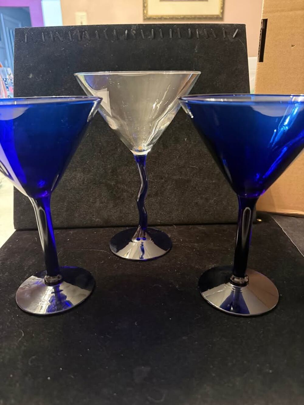 Cobalt Blue and Clear Wavy Stem Martini Glasses - Set of 3
